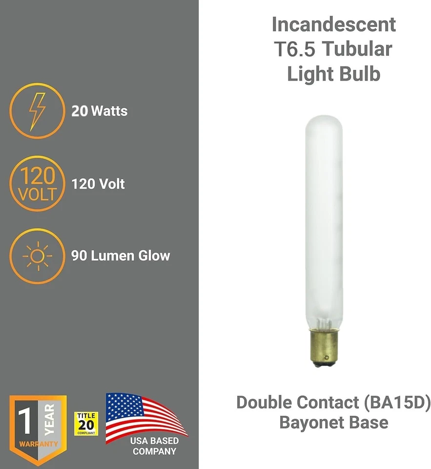 12Pack Tubular Light Bulbs, Frosted Tube Bulb, 20W, 2600K, 90LM, BA15D, 120V - Image 4 of 4