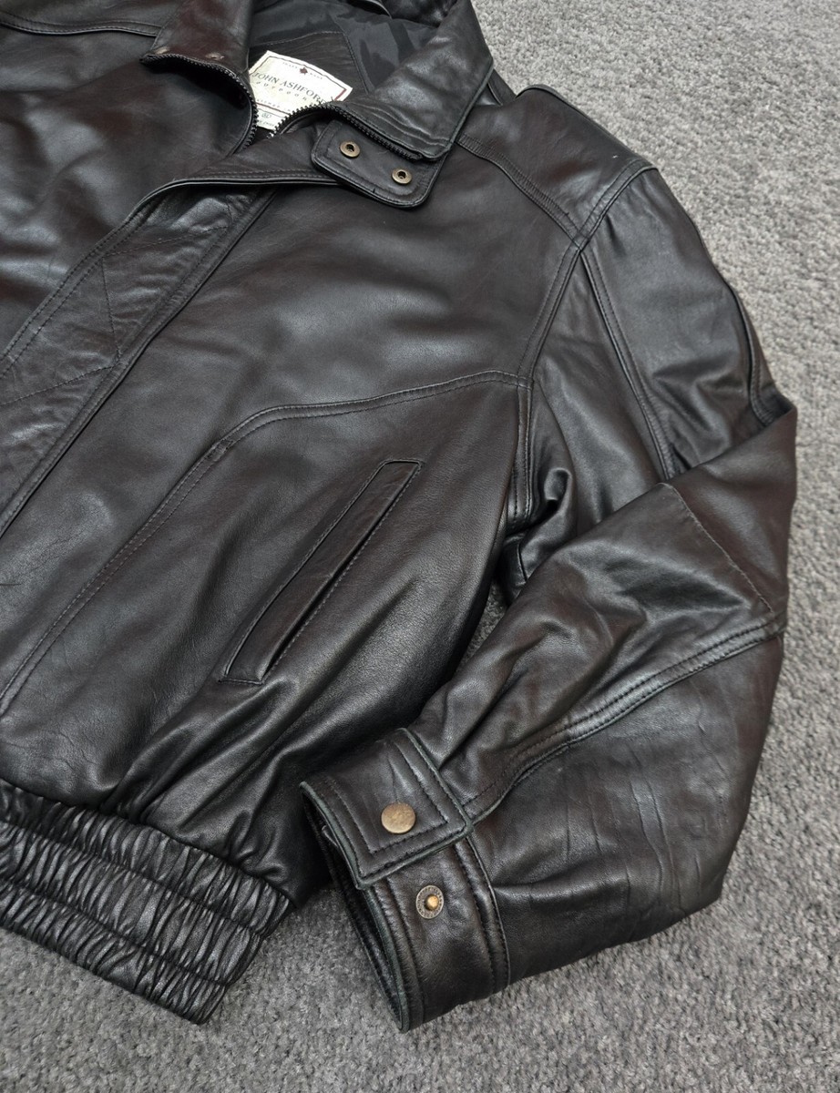 Vintage Leather Jacket Men's XL Black Full Zip Bomber Coat Nice