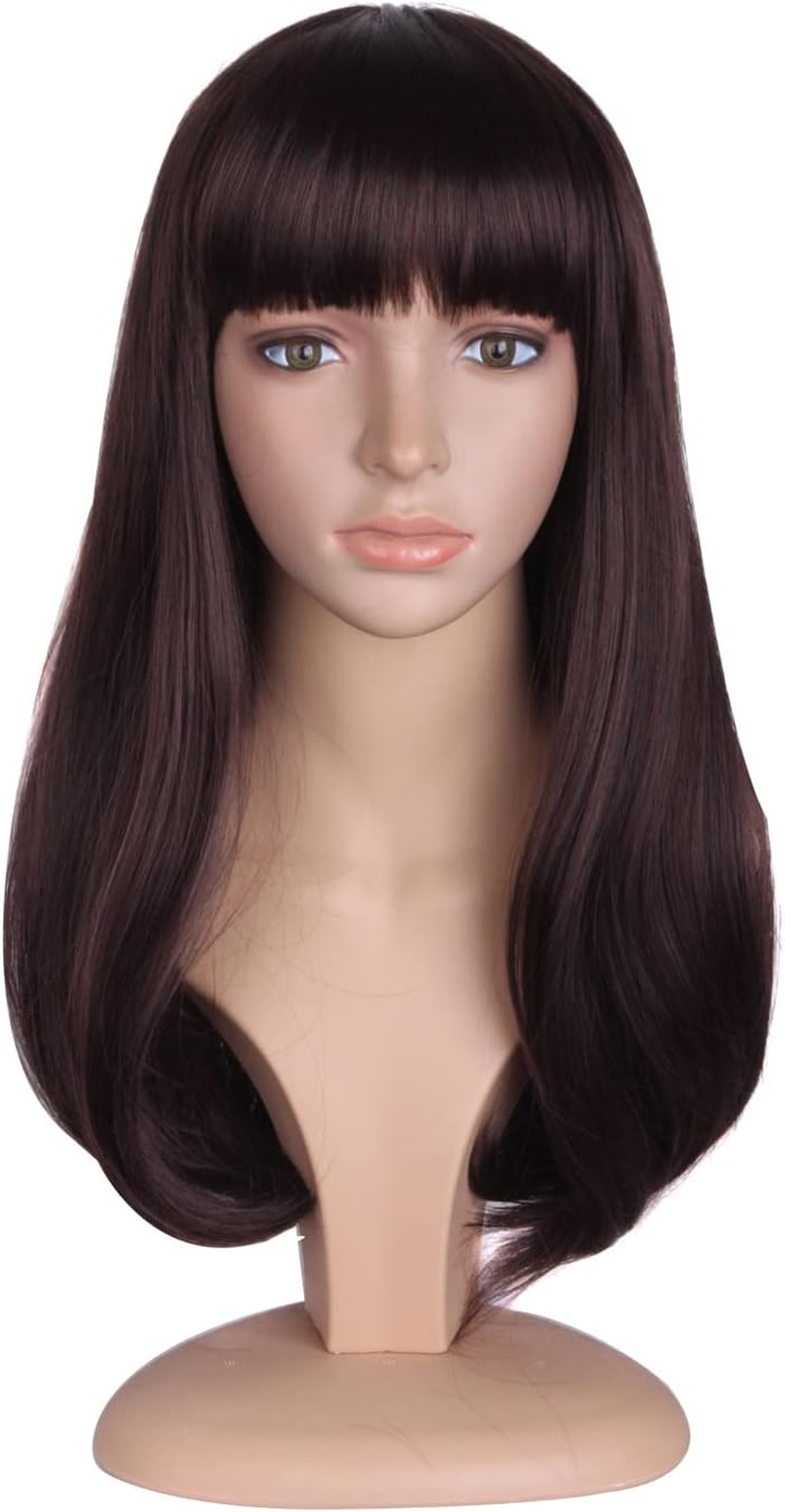 Dark Brown Straight Wig with Flat Bangs Slightly Curled 20 Inch Adjustable Cap