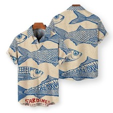 Retro Sardines Hawaiian Shirt, Vintage Fish Print Button Up
