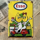 VINTAGE ESSO BOY & GIRL MOTORCYCLE MOTOR OIL 8X12 INCHES PORCELAIN ENAMEL SIGN