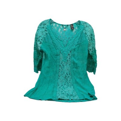 BKE Boutique Women's V Neck Blouse Shirt Size Small Teal Green Lace Sheer