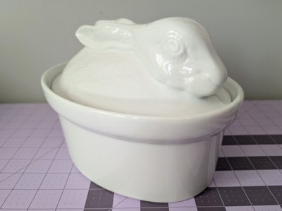 Vintage French White Casserole Dish Easter Rabbit Bunny Ceramic Baking Dish