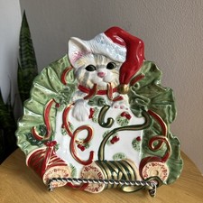 Fitz and Floyd Kitty Kringle Cute Christmas Cat Decorative Plate Ceramic Dish