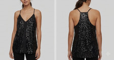 Sz L Black Sequin Cami Tank Top V Neck Racerback NYE Holiday Party Club GoingOut