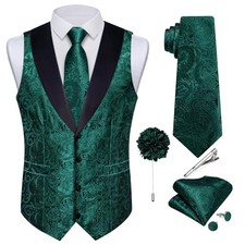 Mens Silk Vest and Tie Set 7PCS Paisley Suit Waistcoat Medium Emerald Green