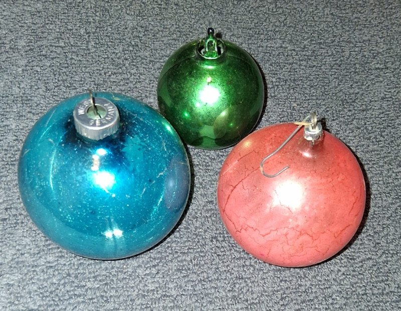 3 Vintage Christmas Antique Ornaments Balls Blue Aqua Green Pink West Germany