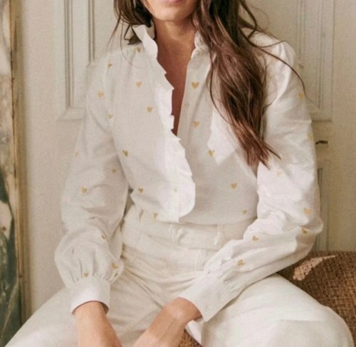 NEW Sezane Chlo Shirt White w Gold Heart Embroidery Button Up Top Size 38 US 6