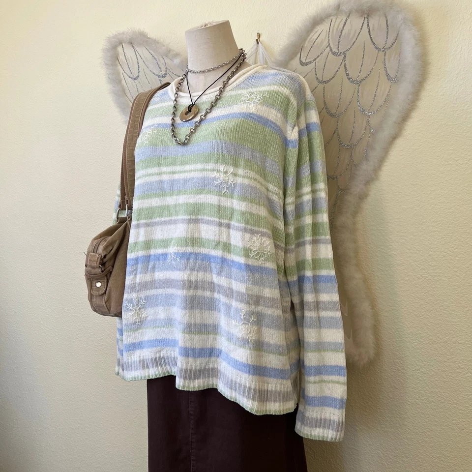 Suéter de Chenilla Copo de Nieve a Rayas Grunge Pastel Lentejuelas de Gran Tamaño Acogedor Tejido Y2K Foto 2 de 4