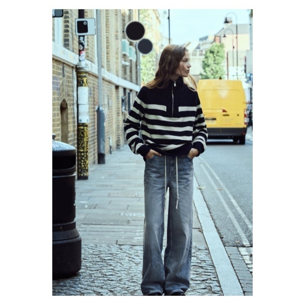 Zara Navy Blue White Striped 1/4 Zip Oversized Knit Sweater Size XL image 3