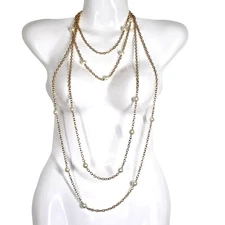 NWT Kenneth Jay Lane Gold-Tone Multi-Strand Chain Necklace Faux Pearls 22" in