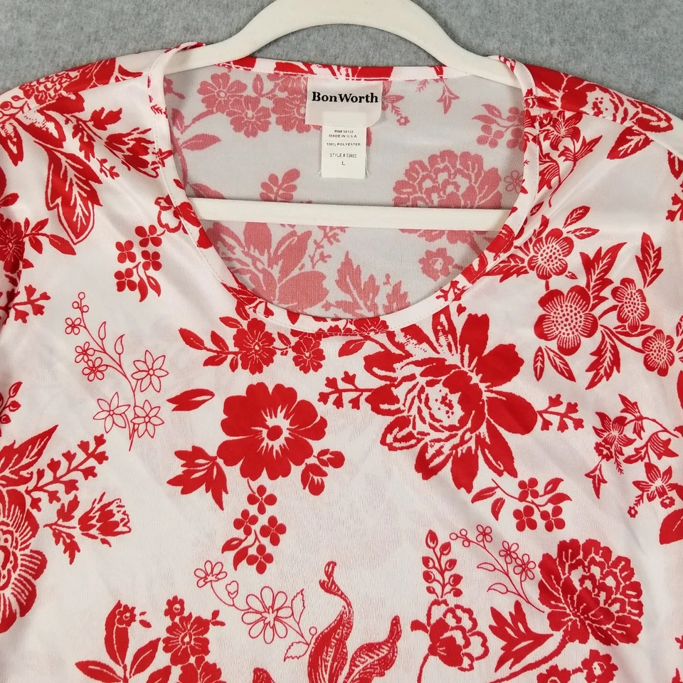 Top BonWorth para mujer grande rojo blanco floral manga 3/4 elástico primavera ver a través Foto 2 de 4