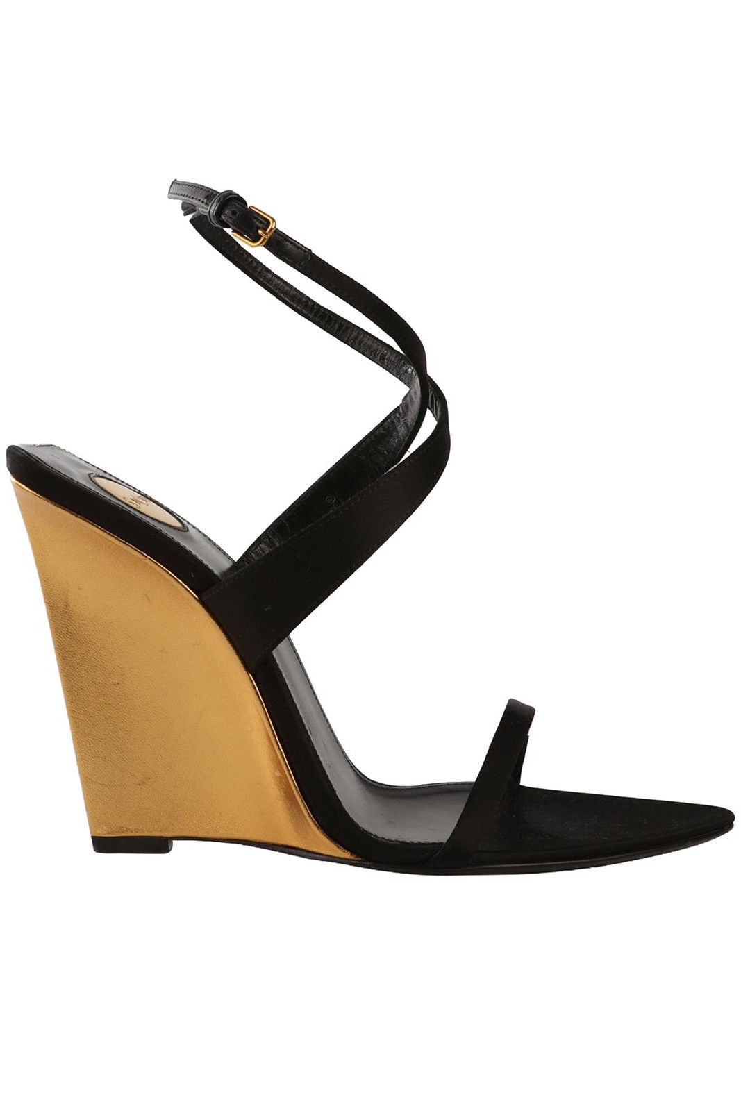 SAINT LAURENT BLACK SATIN SALOME WEDGE SANDALS EU 38.5 UK 5.5 US 8.5