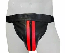 Men's Leather Jockstrap Red Stripes Real Genuine Leather Zipper Jocks New B# 22