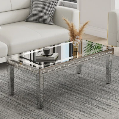 FATIVO Stunning Crushed Diamond Coffee Table Shiny Silver Mirrored Cocktail Tea Table