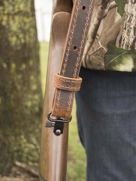 Buffalo Leather Rifle Sling_Crazy Horse, Brown Amish Handmade, Swivels Included - Image 2 of 4