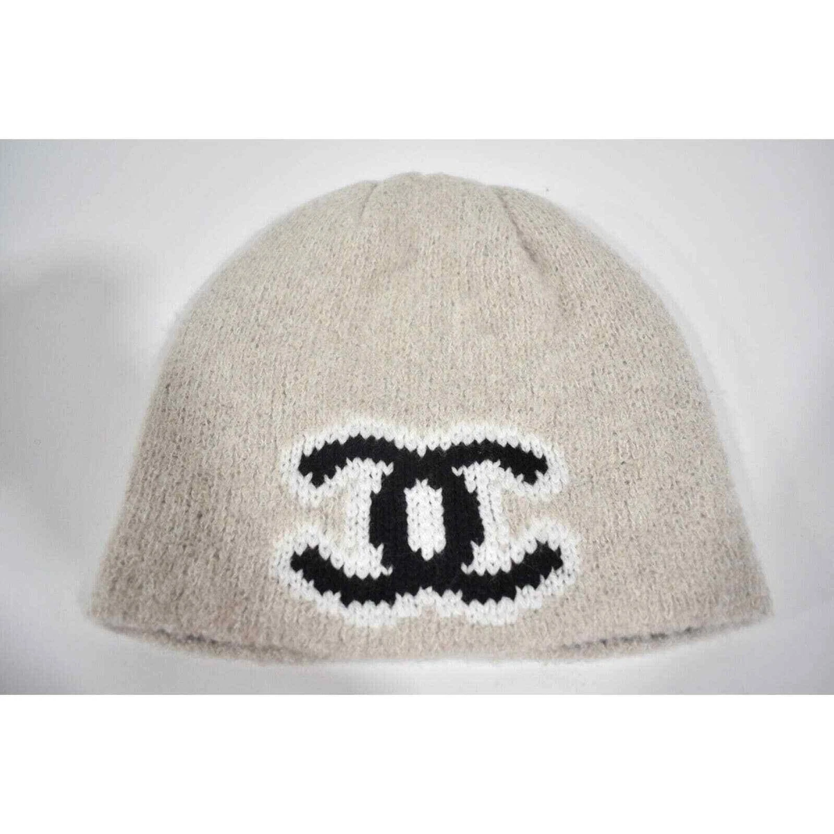 Chanel 22B Wool Cashmere Beige White Black CC Logo Beanie Winter Hat Cap  Cloche