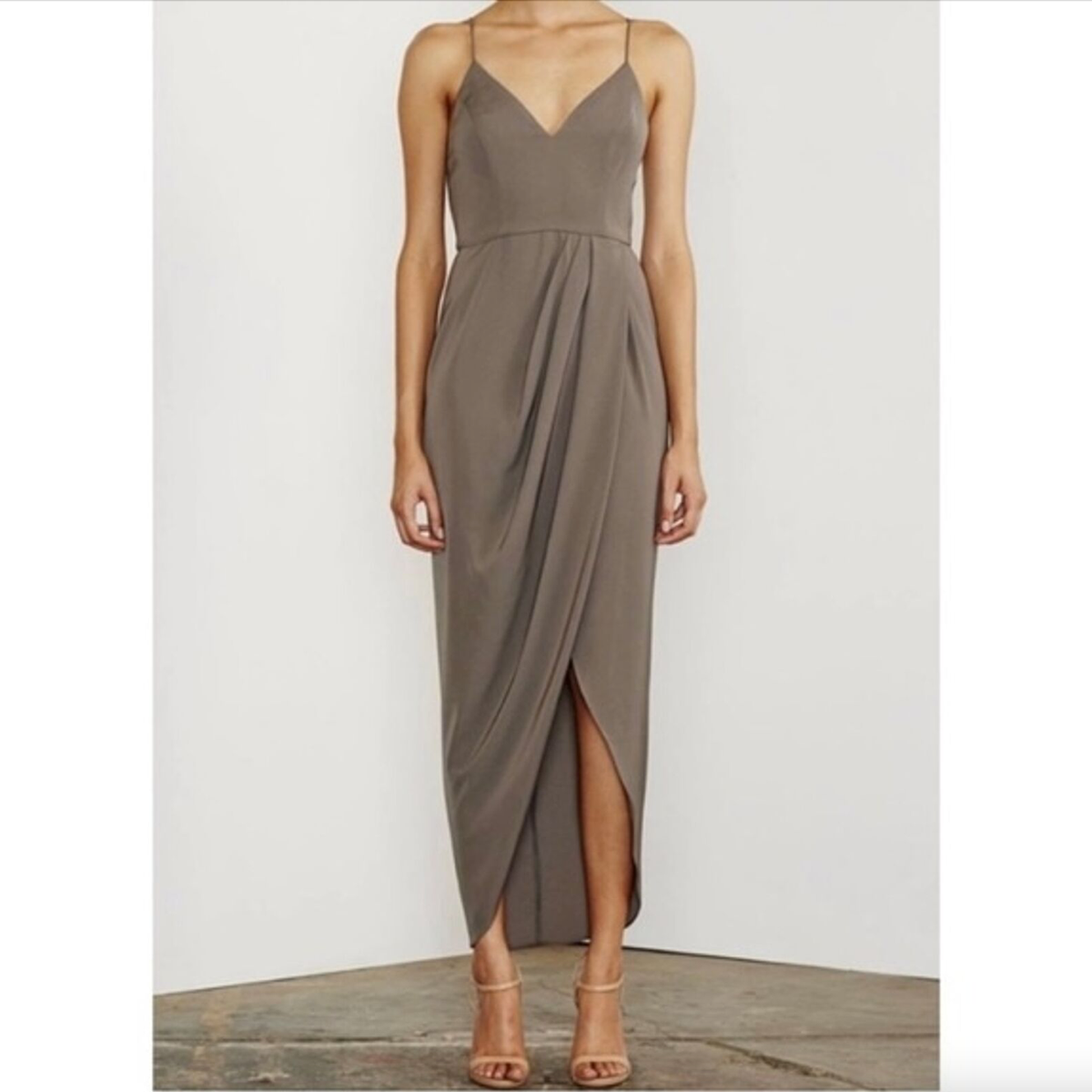 shona joy olive green dress Shona Joy - La Lune Asymmetrical Gathered Maxi Dress - Forest main image 0