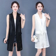 Lady Hollow Out Mesh Midi Waistcoat Gilet Top Vest Lapel Sleeveless Cardigan New