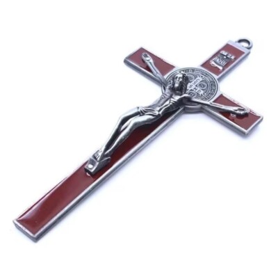 St Benedict Burgundy Enamel Wall 7.5  Cross Crucifix Catholic Crucifijo Cruz