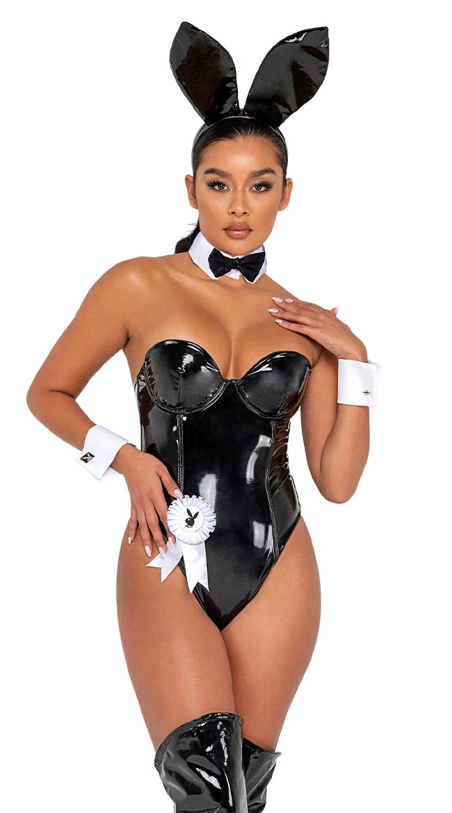 Roma Sexy Playboy Seductress Bunny Black Vinyl Corset Bodysuit