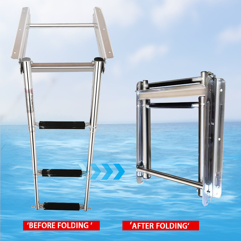 3 Step Telescoping Ladder Folding Stainless Steel Boat Boarding with Press-Type