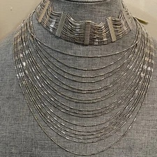 NATASHA Silver Plated Wide Bib Collar Choker Statement Necklace