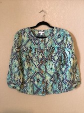 Charter Club Crop Jacket Large 100 Linen Blue Green 3/4 Sleeves Wooden Buttons