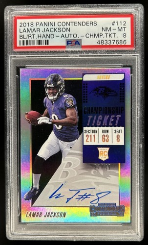2018 Contenders Lamar Jackson Rookie Playoff Ticket Variation RC Auto #/49 PSA 8