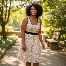 City Chic Cream Floral Knee Length Dress With Black Trim Size XS