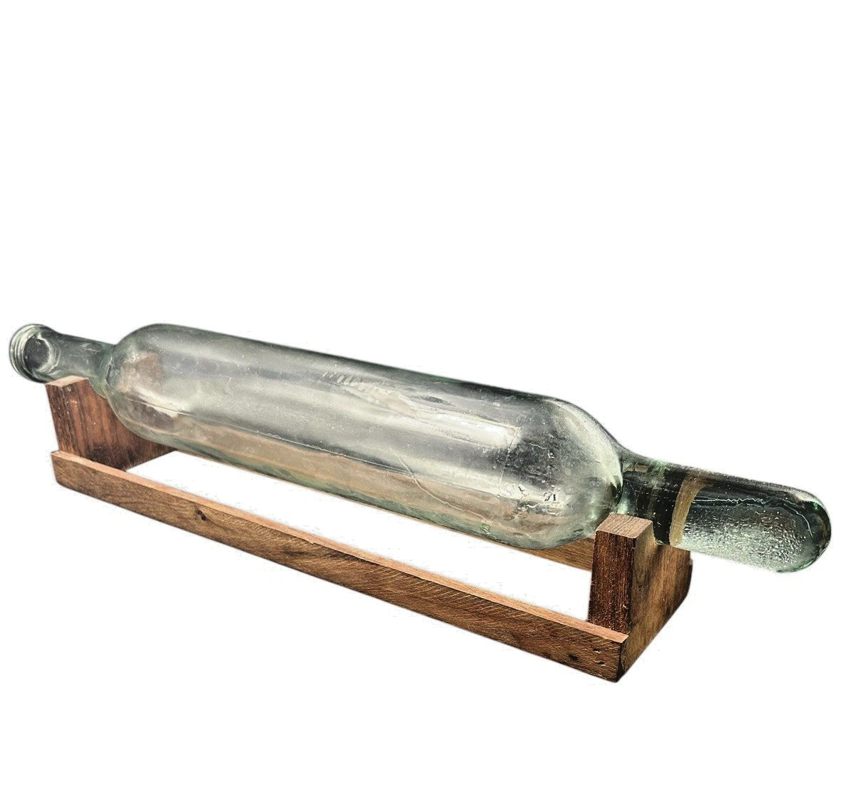 XL 20" Blown Green Glass Cold Pastry Rolling Pin with Wooden Stand Vintage