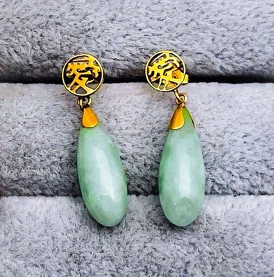 Lange Ohrhänger 14 Karat massiv Gelbgold Jadeit & asiatisches Glückssymbol