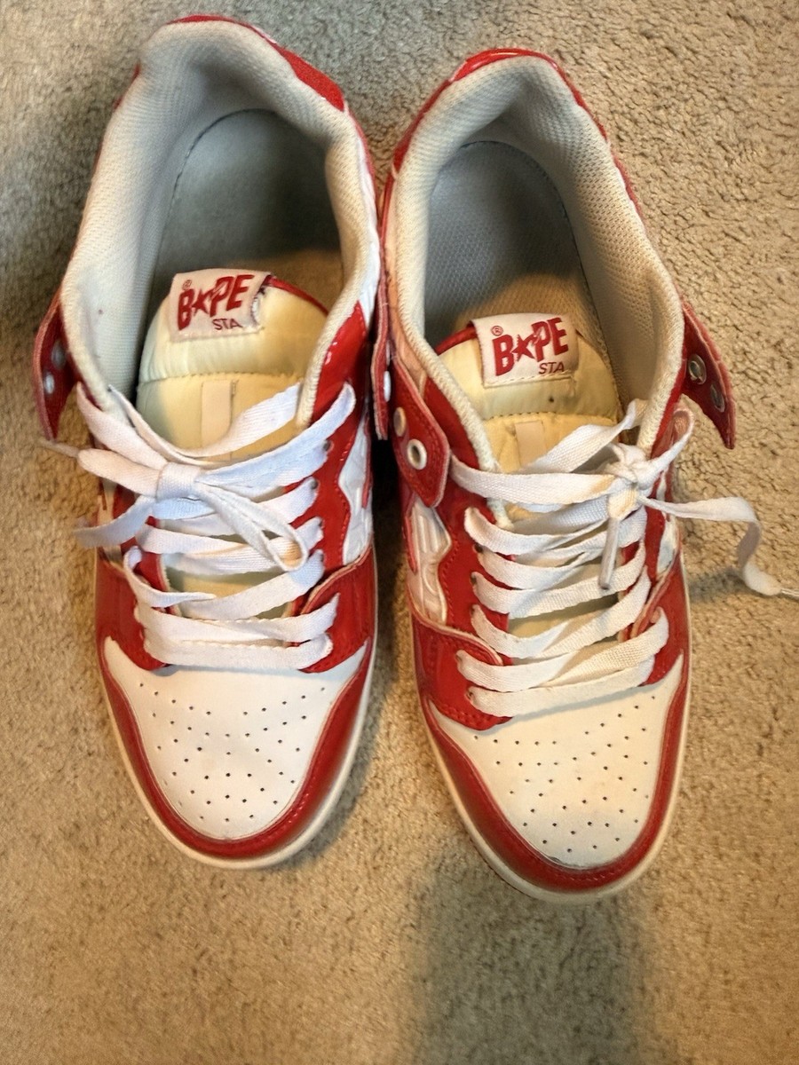 A Bathing Ape BAPE STA Red White Patent Leather Sneakers Men's