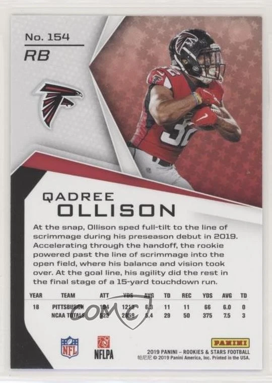 2019 Panini Rookies & Stars Rookies Platinum 1/1 Qadree Ollison #154 RC nd3 - Image 2 of 3