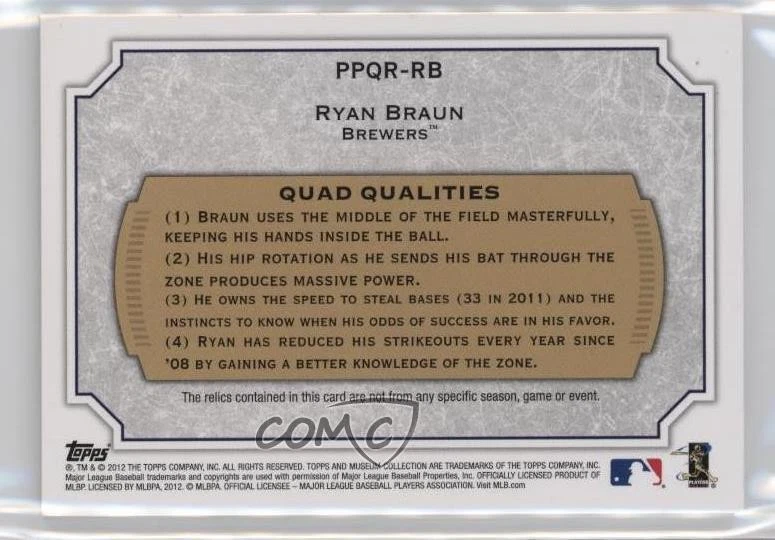 2012 Topps Museum Collection Primary Pieces Quad Relics /99 Ryan Braun #PPQR-RB - Image 2 of 2