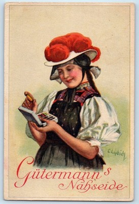 Germany Postcard Woman Holding Gutermann Nahseide (Sewing Silk) Thread c1940's