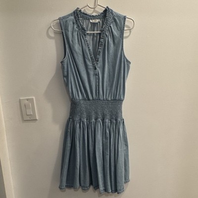 VENUS Blue Solid Denim Fit & Flare Short Dress V-Neck Sleeveless Smocked S
