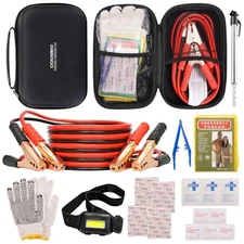 Car Emergency Kit with Battery Jumper Cables Roadside Safety Kit Black