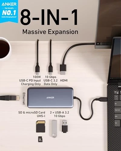 ANKER 555 USB-C HUB 8-IN-1 85W POWER DELIVERY 4K 60HZ HDMI PORT A8686 - GRAY - Image 2 of 4