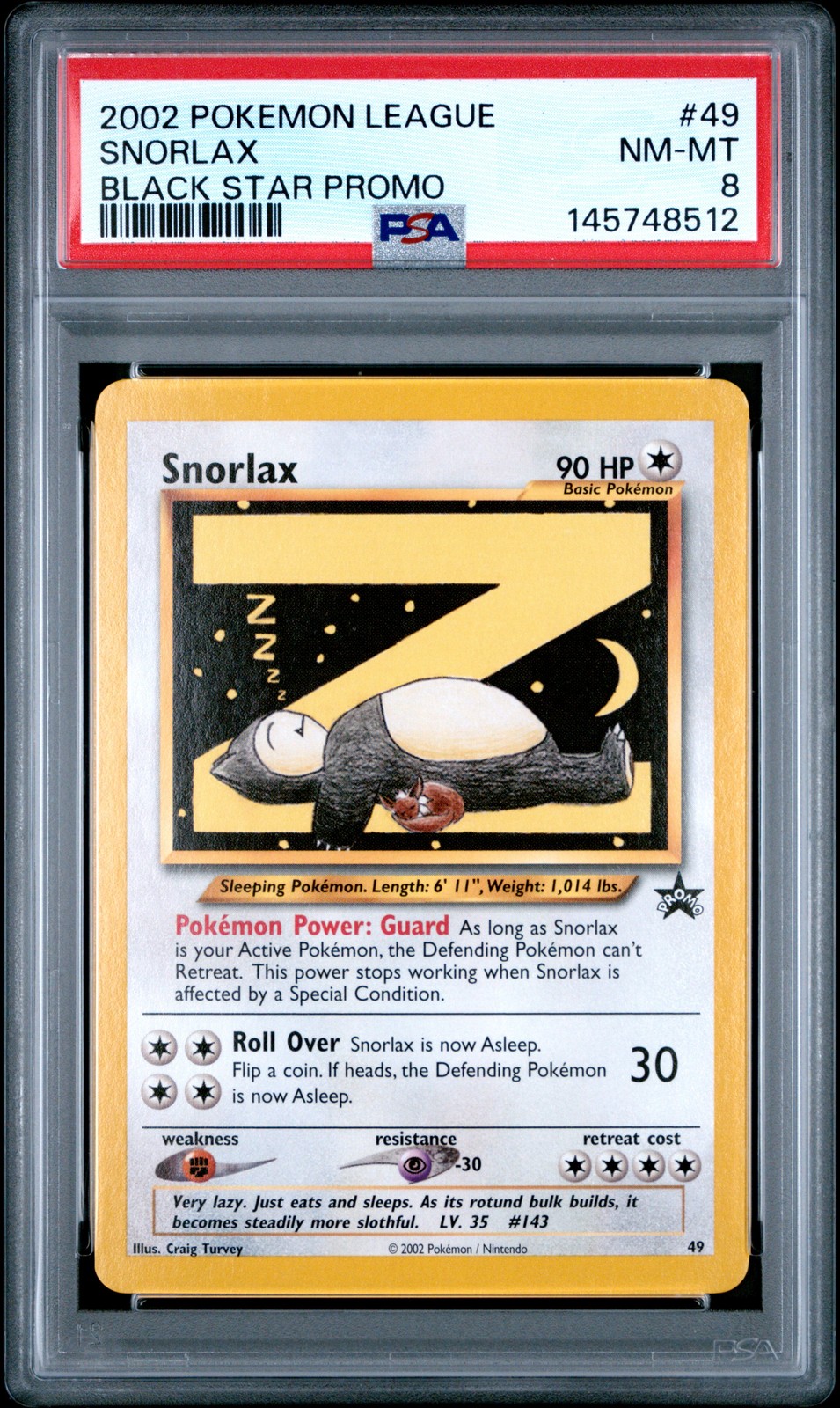 2002 POKEMON LEAGUE PROMO BLACK STAR #49 SNORLAX PSA 8