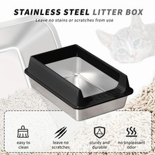 Stainless Steel Cat Litter Box with Large Litter Pan with High Side Black