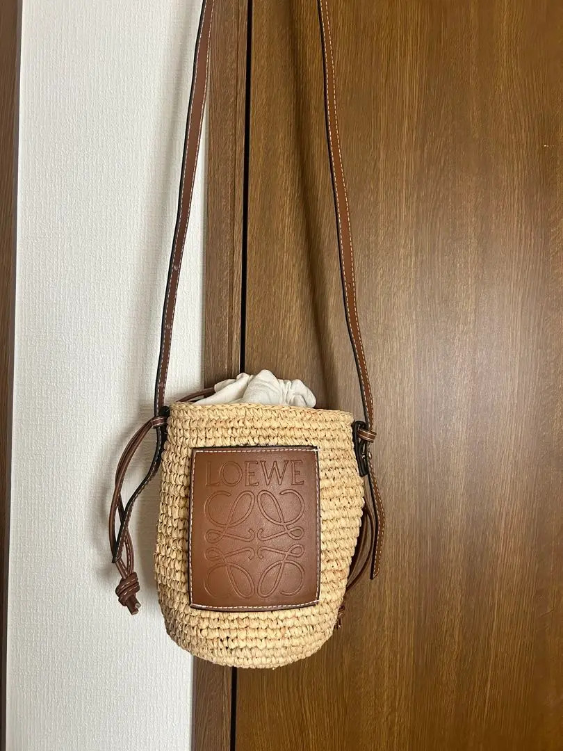 LOEWE Raffia Shoulder Bag Mini Basket anagram Leather Brown