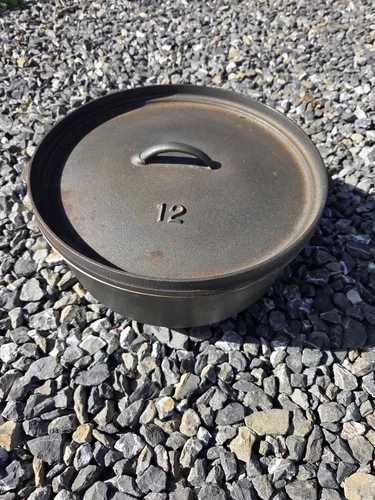Vintage No. 12 Footed Cast Iron Dutch Oven Made In USA Camping Cooking