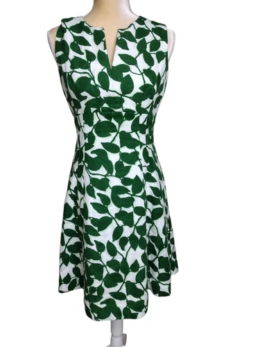 Abito smanicato Kate Spade scollo a V bianco e verde stampa foglie taglia 6