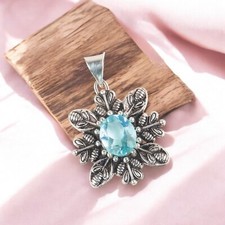 Sterling Silver Natural Sky Blue Topaz Handcrafted Womens Gift Daughter Pendant