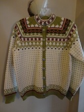 Vintage 1960 s Viking Knits Norway 100 Wool Cardigan Sweater Cream, Greens, Red