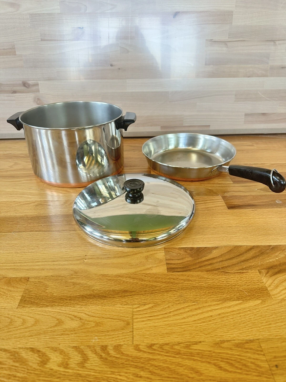 Vintage Revere Ware 8 Qt Copper Bottom Stock Pot And 10” Pan With 1 Lid