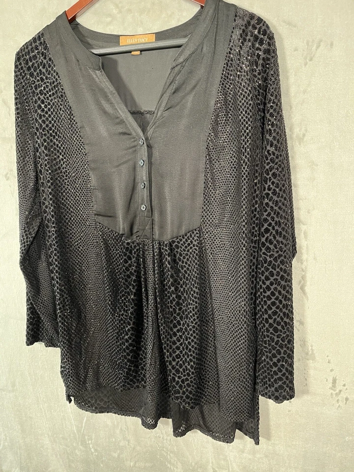 Túnica negra brillante manga larga ELLEN TRACY para mujer bruja caprichosa campesina L Foto 3 de 4