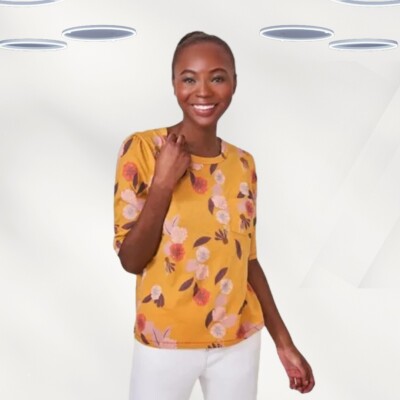 Ex White Stuff Women's Half Sleeve Printed Cotton Top in Yellow Floral