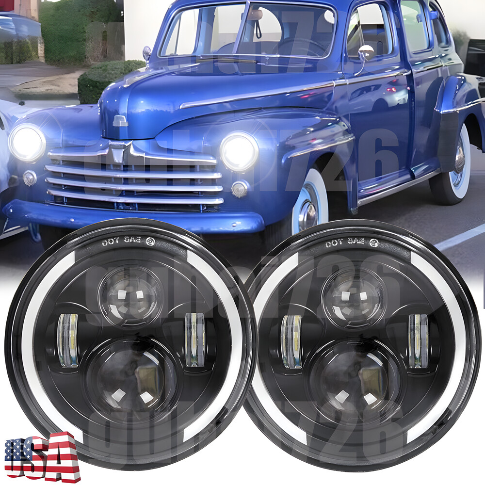 Fit Ford Deluxe 1939-1951 Halo 7" Inch Round LED Headlights DRL Angel Eyes Pair